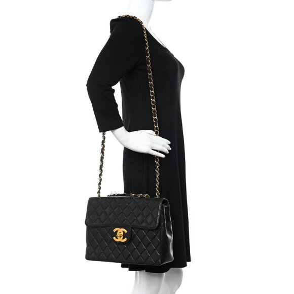 Authentic CHANEL Jumbo Maxi XL 24K Gold Flap Bag Lambskin Chain Shoulder Black - Picture 5 of 11